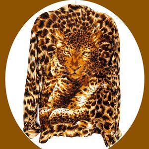Vintage Fu Da 100% Silk Animal Leopard Tiger Print Blouse Sz M
